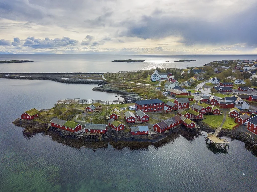 Villages with red stilted cabins