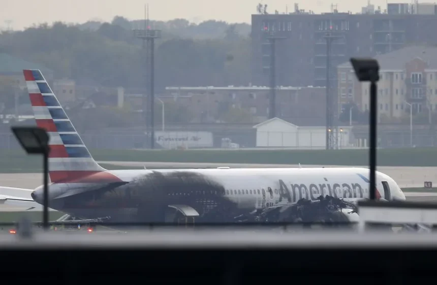 American airline flight catches fire